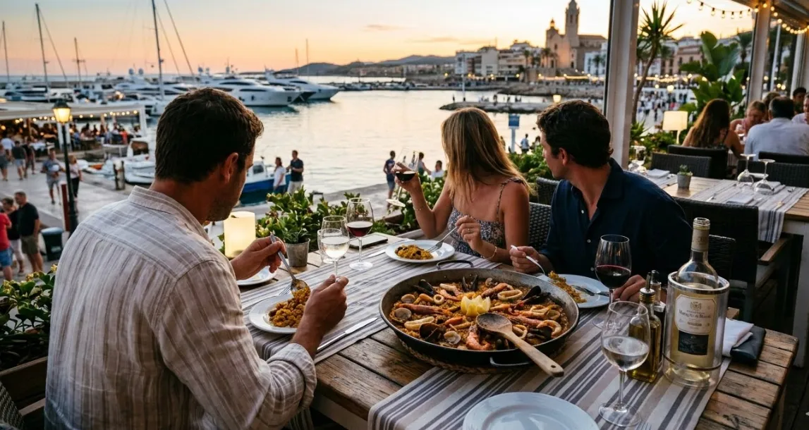 Velero fondeado y restaurante en Sitges
